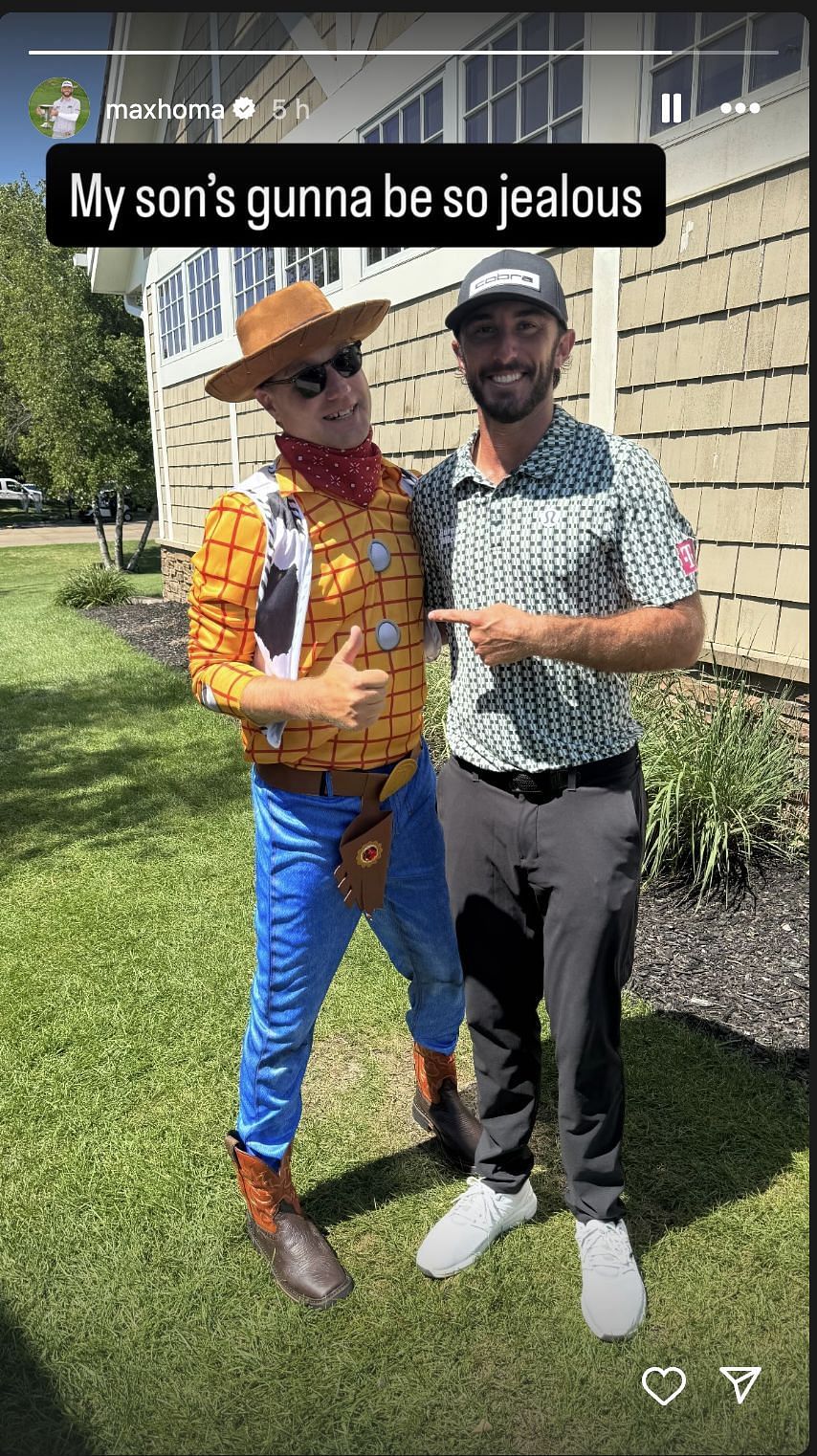 Max Homa poses with his son's favorite movie character (Image via Instagram @maxhoma)